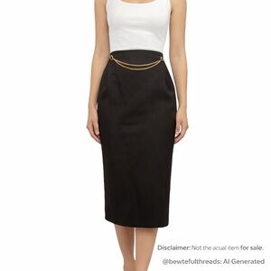 Vintage Korinna Wool-Blend Black Midi Skirt w/ Gold Chain (Size 12)